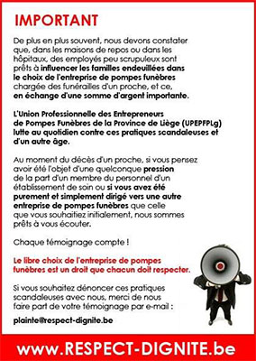 code de déontologie du funérarium Simon & Fils rue Saint-Nicolas à Liège